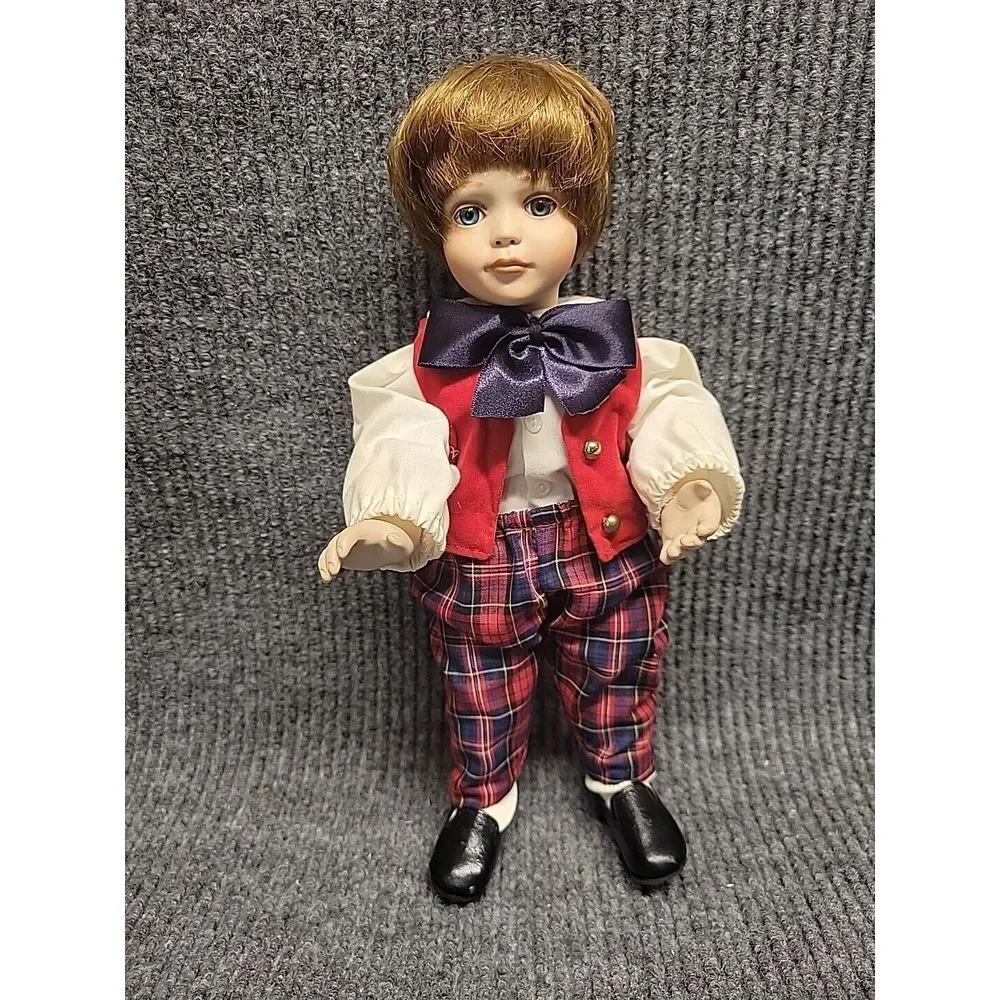 Vintage Musical Porcelain Boy Doll Red Velvet Vest Plaid Pants Blue Eyes 12 Inch